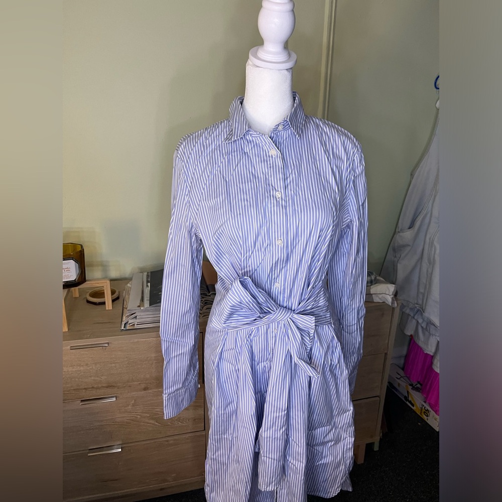 ANN TAYLOR Blue & White Seersucker Stripe Wrap Button Down Modest Midi Dress M - Picture 6 of 16